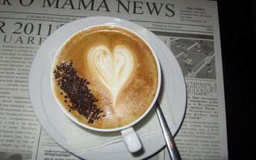 кофе, сердце, кружка, чашка, газета, капучино, пенка