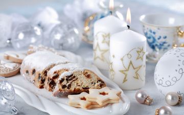свечи, новый год, шарики, чай, рождество, печенье