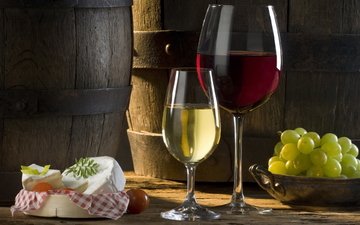 виноград, сыр, вино, белое, бокалы, бочки, бочка, алкоголь, красное