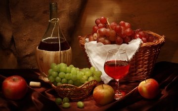 виноград, яблоки, бокал, корзина, вино, бутылка, вина