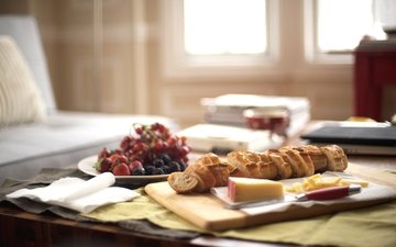 утро, фрукты, стол, сыр, завтрак, французская булка