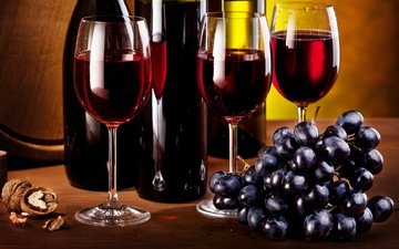 виноград, вино, бокалы, бутылки, кисть, орех, гроздь