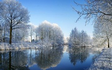 небо, деревья, река, снег, природа, зима, пейзаж, парк, мороз, иней, канал