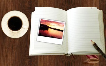 кофе, чашка, фотография, карандаш, блокнот
