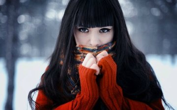 зима, девушка, брюнетка, взгляд, лицо, свитер, шарф