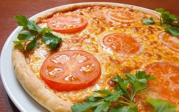зелень, сыр, выпечка, помидоры, пицца