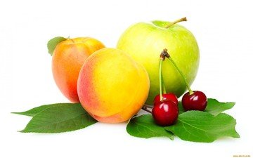 фрукты, черешня, белый фон, яблоко, персики, листики