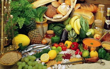 виноград, фрукты, лимон, хлеб, овощи, рыба, огурцы, ассорти, крупа, изобилие