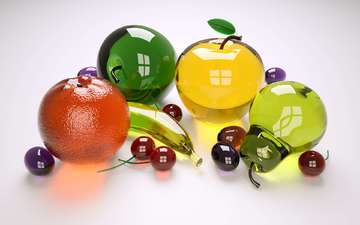 фрукты, яблоки, черешня, апельсин, стекло, банан, сливы, груша, 3д, 3d графика