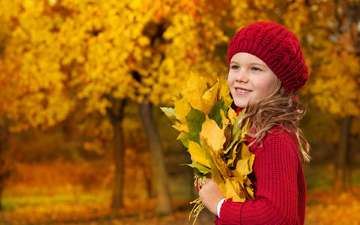 листья, осень, девочка, ребенок