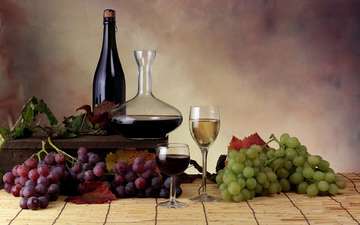 виноград, вино, бокалы, бутылки, натюрморт