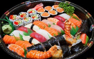 рыба, икра, суши, роллы, морепродукты, креветки, ассорти