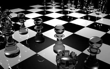 шахматы, доска, чёрно-белое, фигуры, игра, стекло, поверхность, шахматная доска