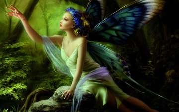 цветы, рука, лес, девушка, крылья, фея, камень, бабочки, венок, сидя