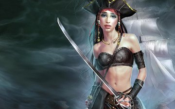 арт, девушка, море, оружие, меч, корабль, пират, сабля, tang yuehui - female pirates, треуголка