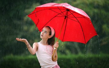 девочка, дождь, красный зонт