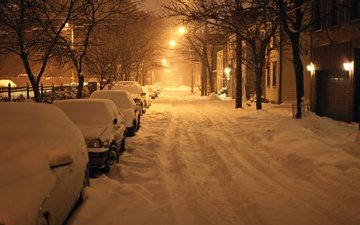 ночь, фонари, снег, зима, город, дома, улица, сша, нью-йорк, автомобили, ulica -sneg -zima, олбани