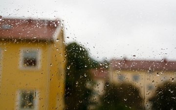 капли, дома, дождь, окно