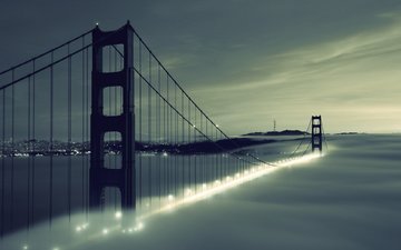 туман, мост, город, сша