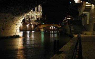 огни, река, мост, париж, ночной город, туннель, франция, собор парижской богоматери, ступени, франция нотер дам