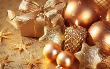 новый год, шары, украшения, звезды, подарки, шарики, блеск, свеча, праздник, рождество, золотой