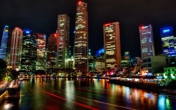 ночь, огни, небоскребы, ночной город, сингапур