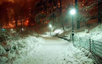 снег, зима, дорожка, город, фонарь