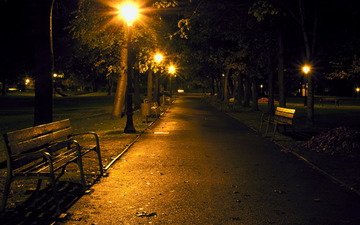ночь, фонари, парк, скамейка, аллея