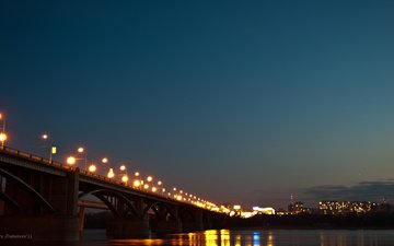 огни, вечер, река, мост, россия, новосибирск, обь
