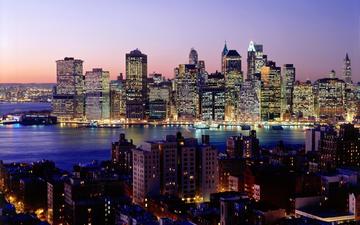 огни, вечер, небоскребы, нью-йорк, манхеттен, вид на город
