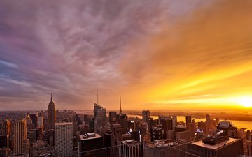 закат, вид сверху, небоскребы, нью-йорк
