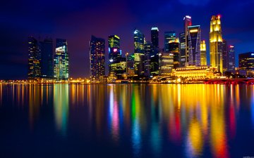 ночь, огни, отражение, город, сингапур, dennis stauffer