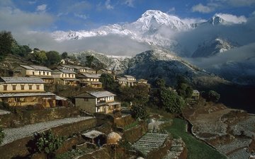гора, дома, аннапурна, гималаи, непал