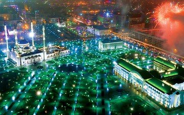 салют, ночной город, россия, грозный, чечня, мечеть «сердце чечни» имени ахмата кадырова, чеченская республика