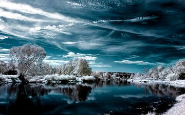 деревья, озеро, снег, зима, отражение, иней