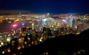 панорама, иллюминация, город, небоскребы, залив, китай, гон-конг, ночные огни, боке