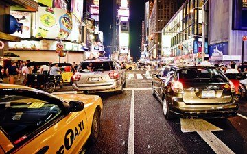 дорога, ночь, улица, нью-йорк, машины, такси