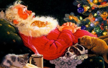 рисунок, новый год, елка, зима, спит, дед мороз, кружка, кресло, щенки, котята, санта клаус, собачки, котики