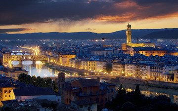 ночь, огни, италия, флоренция, мосты, палаццо веккьо