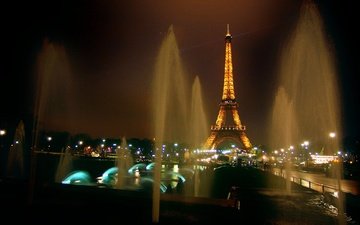 ночь, париж, фонтан, эйфелева башня