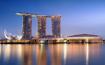 ночь, огни, вечер, отражение, горизонт, мост, город, здание, сумерки, небоскрёб, сингапур, уазино, городской пейзаж, марина бей, марина бэй