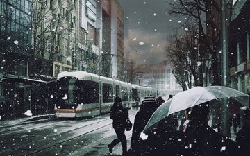 снег, люди, трамвай, зонты