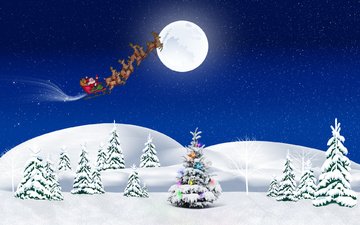 арт, снег, новый год, елка, зима, подарки, сани, олени, праздник, упряжка, санта клаус, новогодние олени