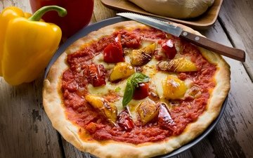 сыр, овощи, мясо, нож, перец, пицца, тесто, итальянская кухня