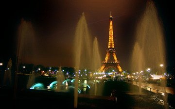 ночь, париж, подсветка, эйфелева башня, фонтаны
