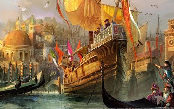 арт, корабли, люди, лодки, венеция, флаги, порт, гандолы