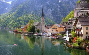 озеро, горы, австрия, дома, церковь