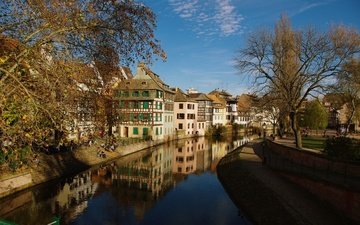 осень, канал, франция, страсбург, зеркальное отражение