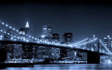 ночь, огни, река, мост, город, небоскребы, нью-йорк, ночной, бруклинский мост