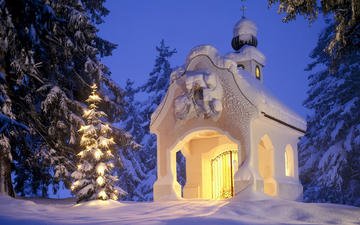 вечер, снег, новый год, елка, зима, фея, рождество, часовня, рождество христово